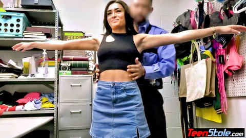 Petite brunette teen shoplifter spreads arms for cop frisk in store room roleplay