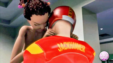 3D cartoon ebony teen cheerleader hugs naked star quarterback Jackhammer from behind