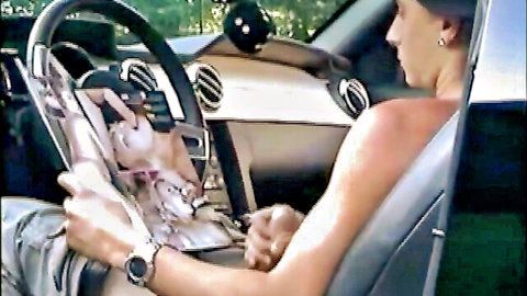 Blonde woman grips thick veiny pink dildo with muscular man in public car amateur play