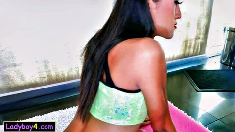 Thai femboy perfect ass in green sports top, long black hair
