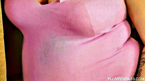 BBW with massive tits overflowing tight pink ribbed top cleavage