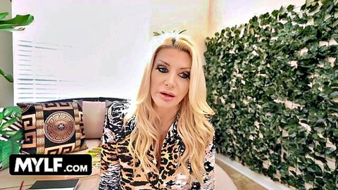 Brittany Andrews, busty blonde MILF tutor in sexy leopard print dress