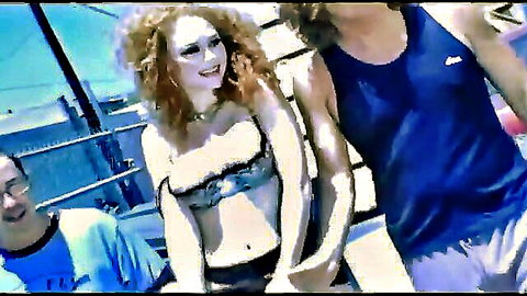 Audrey Hollander in lacy lingerie with men in alley, redhead tease