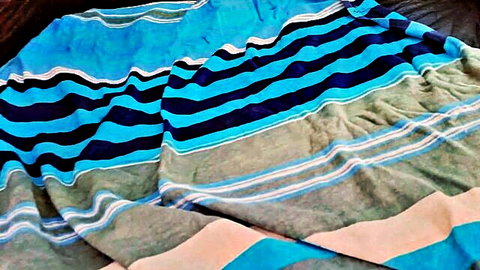 Striped blanket setup for outdoor forest sex with MILF