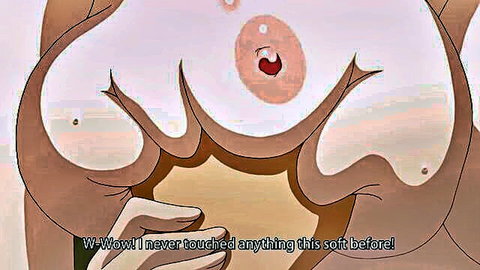 Hentai anime girl with huge soft tan breasts being touched in isekai harem