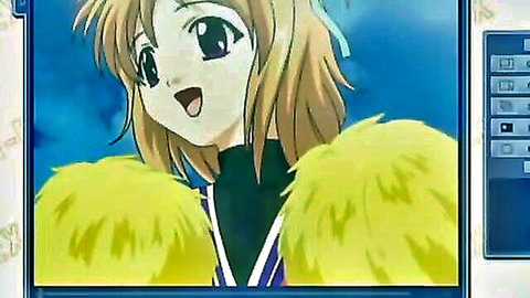 Blonde anime cheerleader smiling excitedly holding yellow pom poms in hentai scene