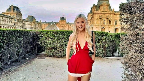 Eva Elfie in sexy red dress posing at Louvre in Paris