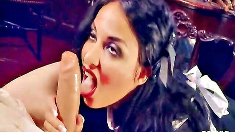French maid in uniform giving intense blowjob to cock
