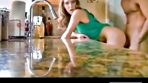 Blonde MILF stuck bent over counter, fucked from behind by stud