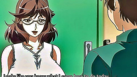 Busty anime milf with glasses in low-cut white top at door