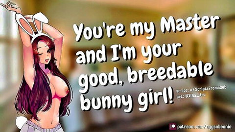 Busty anime bunny girl with huge exposed tits poses submissively as your good breedable slave