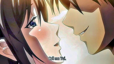 Hentai anime couple in close-up intense eye contact blushing about to kiss passionately