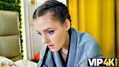 Anie Darling teen in gray cardigan, intense look before creampie fuck VIP4K