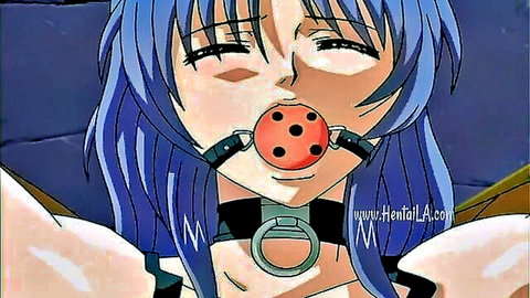 Blue-haired anime girl in BDSM collar and red ball gag, exposed breasts