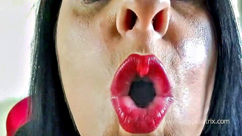 Lady Bellatrix red lips close-up in smoking fetish femdom POV teaser