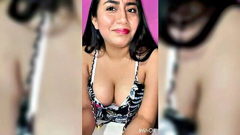 Sexy Latina with big cleavage in colorful top for job interview tease