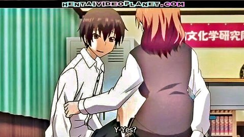 Hentai Babee busty redhead in school uniform with anime guy, teasing scene