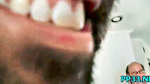 Bearded man intense open-mouth reaction in tight girl oral scene