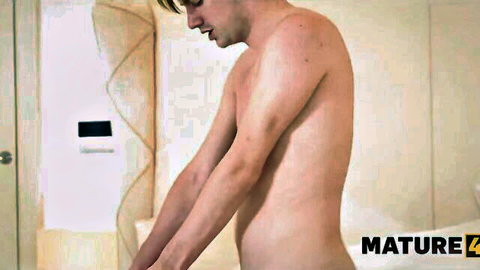 Slim young guy naked bending in shower for MILF blowjob cumshot