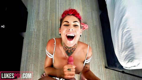 Liberty Jane split tongue blowjob with dildo, tattooed redhead babe POV