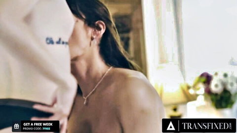 Petite brunette lesbian kissing trans runaway bride in white dress