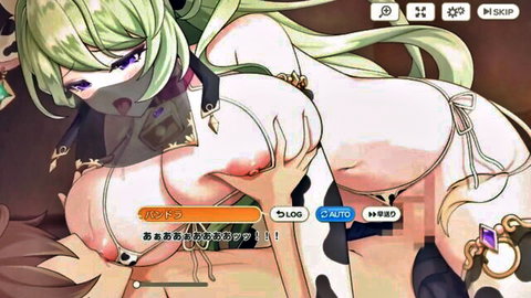 Busty green-haired hentai girl in cow print bikini squeezing massive tits