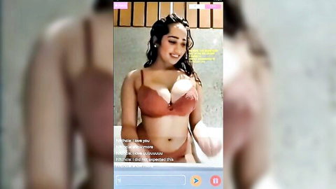 Busty brunette in wet brown bra and panties teasing with huge tits in bubble bath webcam