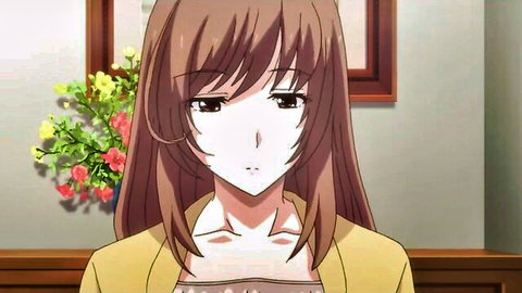 Anime girl with long brown hair in yellow jacket standing by flowers in cozy room