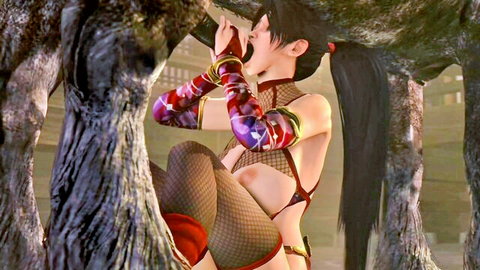3D Asian anime woman in fishnet lingerie giving pony blowjob