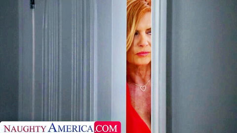 Blonde MILF Andi James peeking seductively in red dress, craving BBC