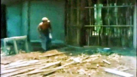Vintage VHS retro porn thumbnail: man in jeans bending over wood scraps