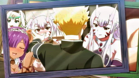 Peter Grill anime harem scene with elf, demon, beast girls embracing blonde hero
