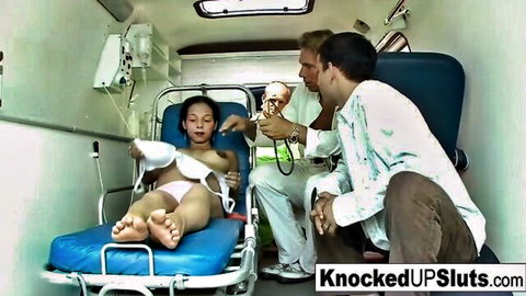 Asian beauty in ambulance medical exam by paramedics, Knocked Up Sluts