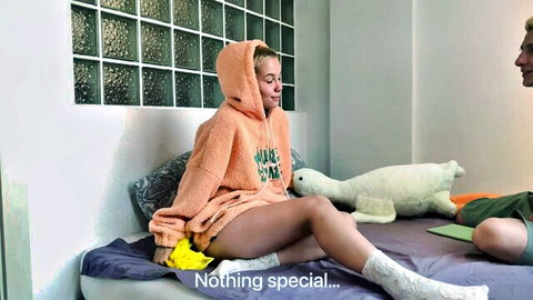 Body_lyric in short orange hoodie dress teases stepbrother on bed
