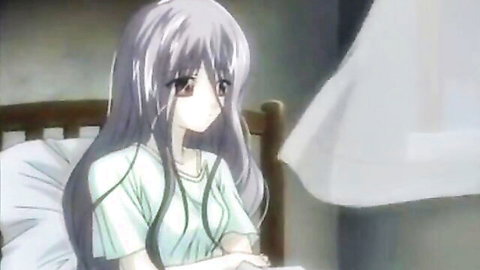 Purple-haired anime hentai teen girl sitting clothed on bed in tight t-shirt