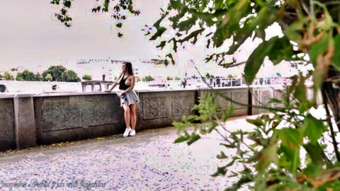 Josephine in sexy miniskirt by river, public outdoor tease