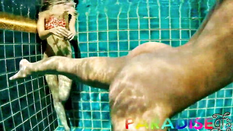 Twins fucked underwater in vacation pool by boyfriend, explicit penetration
