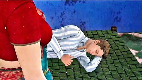 Curvy Indian hentai babe in tight red saree blouse leans over sleeping guy on floor