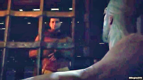 Busty nude woman with huge tits and big ass presses against prison bars seducing muscular man in 3D CGI porn
