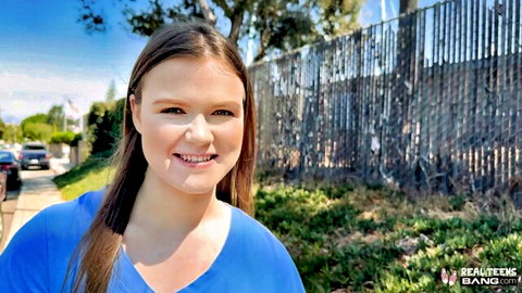 18yo Ava Marina smiles in blue top outdoors, ready for creampie