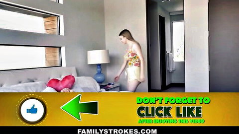 Blonde stepsister in floral top and white skirt teases in bedroom