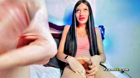 Hot sissy trap with long black hair in pink top masturbating small dick on cam
