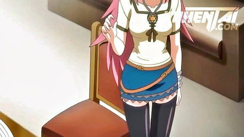 Anime schoolgirl with long pink hair peeking at sister fucking gym teacher