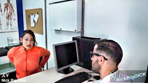 Curvy Latina with huge tits in tight orange top flirts with handsome doctor at medical office desk