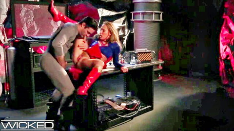 Blonde Supergirl cosplay babe with big tits fucked doggy style by superhero stud in sci-fi lab