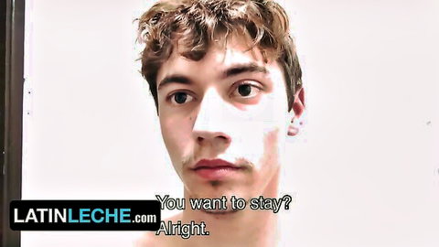Cute Latin twink Esteban with curly hair, masked face, teasing stay invitation