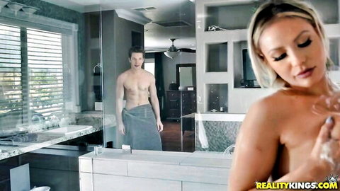 Kylie Page nude soaping up in shower, eyeing blurry big dick stud