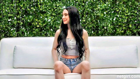Skylar Vox in gray crop top and tiny denim shorts, teasing solo