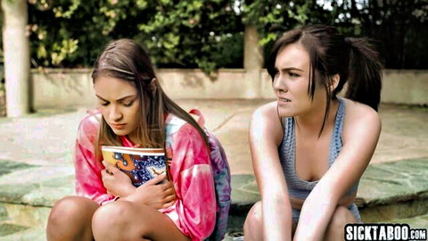 Freya Parker shy teen with book beside big ass Latina friend in sports bra outdoors