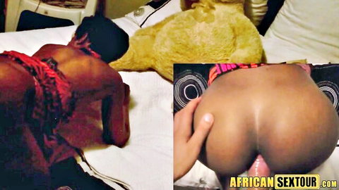 Curvy ebony teen in red lingerie posed doggy style with hand grabbing big ass, explicit close-up